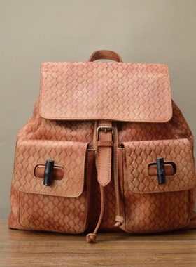 FMMIX北欧新款进口全真皮双肩背包女款潮 竹节包旅行包牛皮包