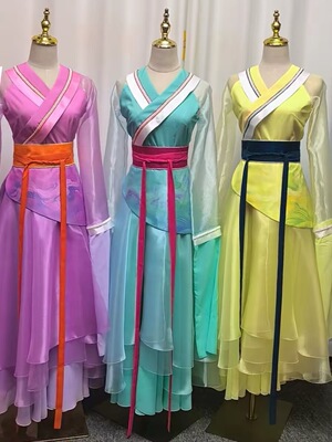 古典舞演出服女2026新款三人扇子舞表演裙子中国风云袂游舞蹈服装