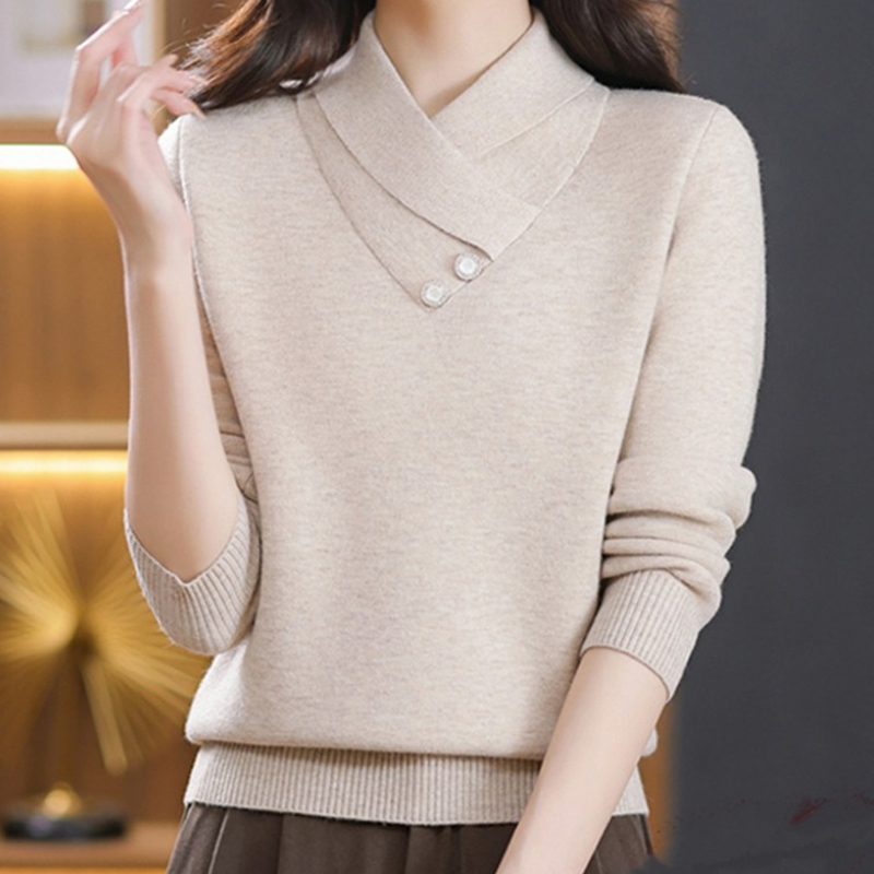 针织套头交叉领羊毛纯色打底衫