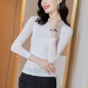 拉丁舞练功服蕾丝上衣纱衣打底衫女春秋内搭广场舞黑色网纱打底衫