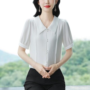 娃娃领衬衫女款短袖显瘦雪纺上衣夏季妈妈宽松遮肚子大码洋气小衫