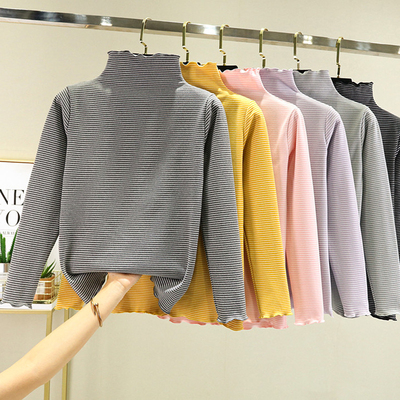 加厚双面德绒半高领条纹打底衫女内搭秋冬新款加绒木耳边长袖T恤