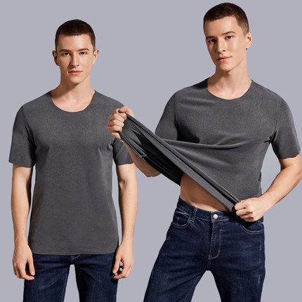 德绒无痕自发热短袖保暖内衣男单件上衣秋衣运动磨毛打底小衫冬季