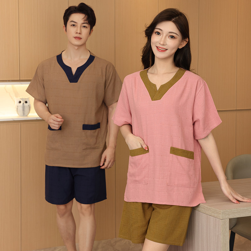 纯棉汗蒸服苎麻男女情侣套装高档家居服睡衣纯色按摩足疗服贵宾服