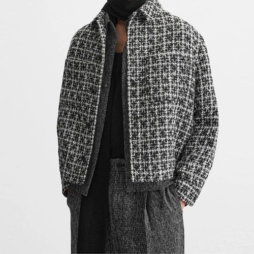 ZA秋冬新品男装纹理千鸟格格纹直筒翻领衬衫外套321