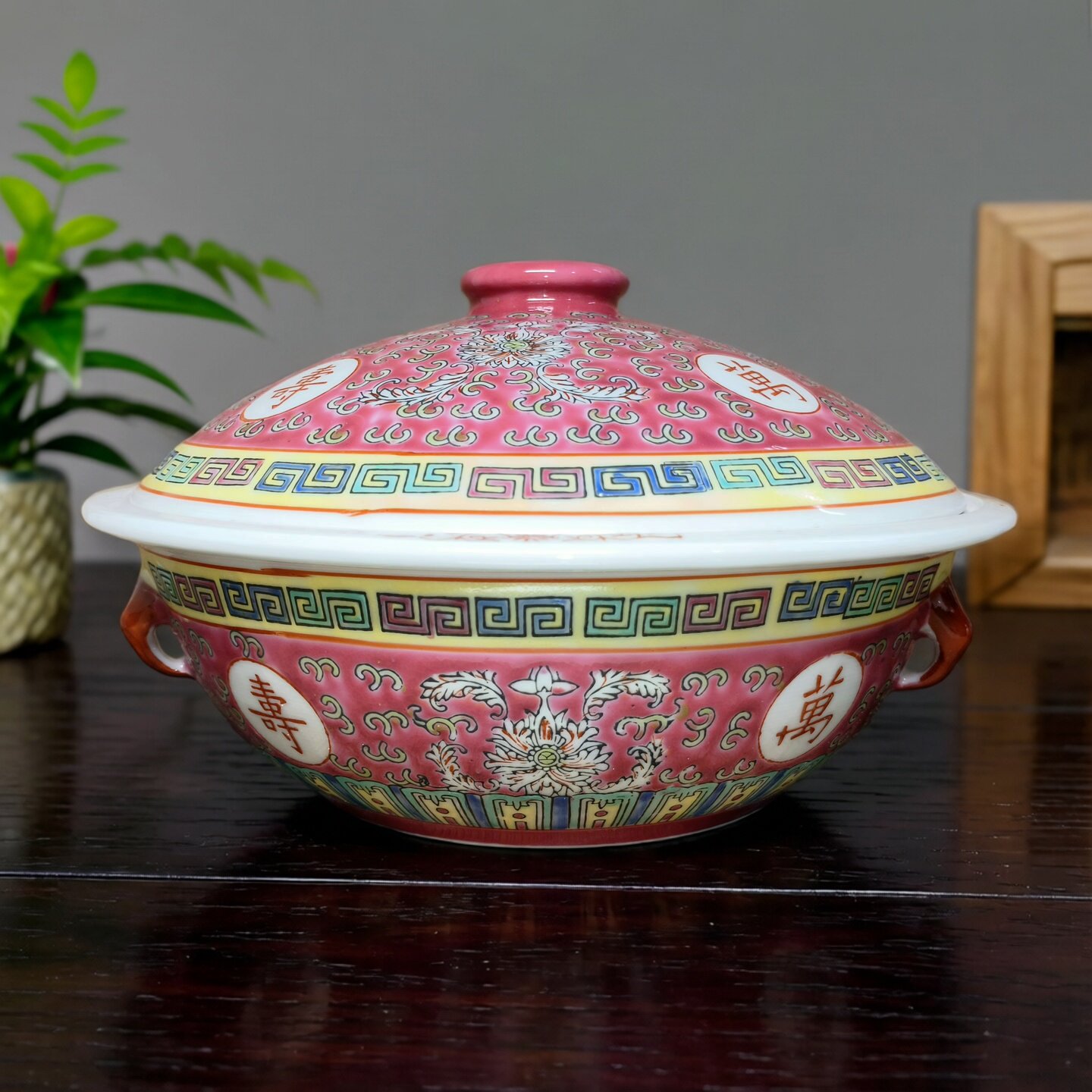 景德镇厂货瓷/手绘粉彩红万寿无疆大号带盖汤盆一品锅/普洱茶饼仓