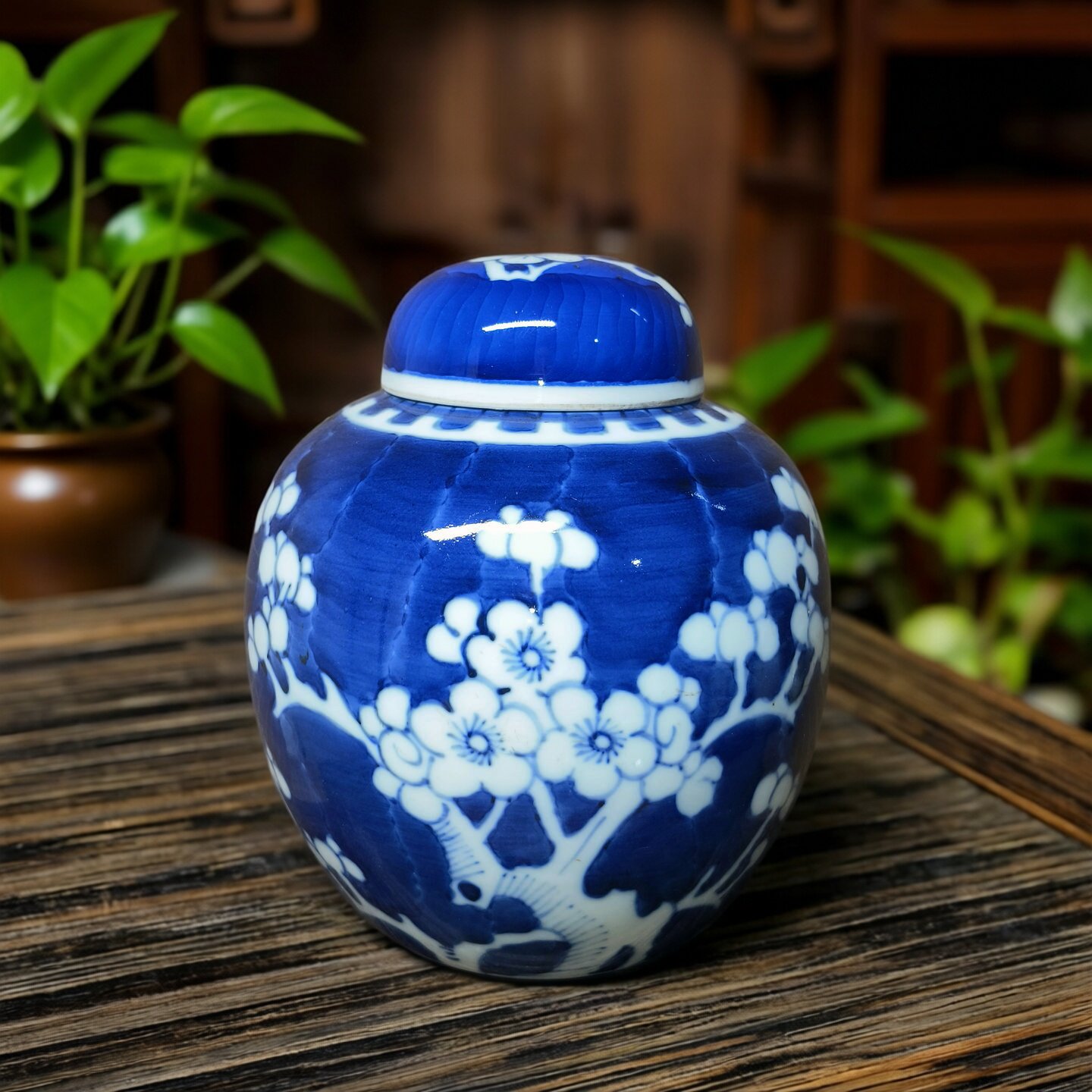 包老/景德镇567老厂瓷/建国瓷厂柴窑手绘冰梅6英寸宝珠坛/醒茶罐