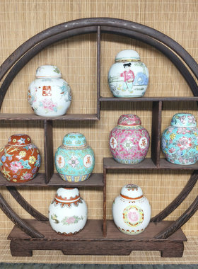 手绘粉彩3英寸宝珠坛/装饰小盖罐