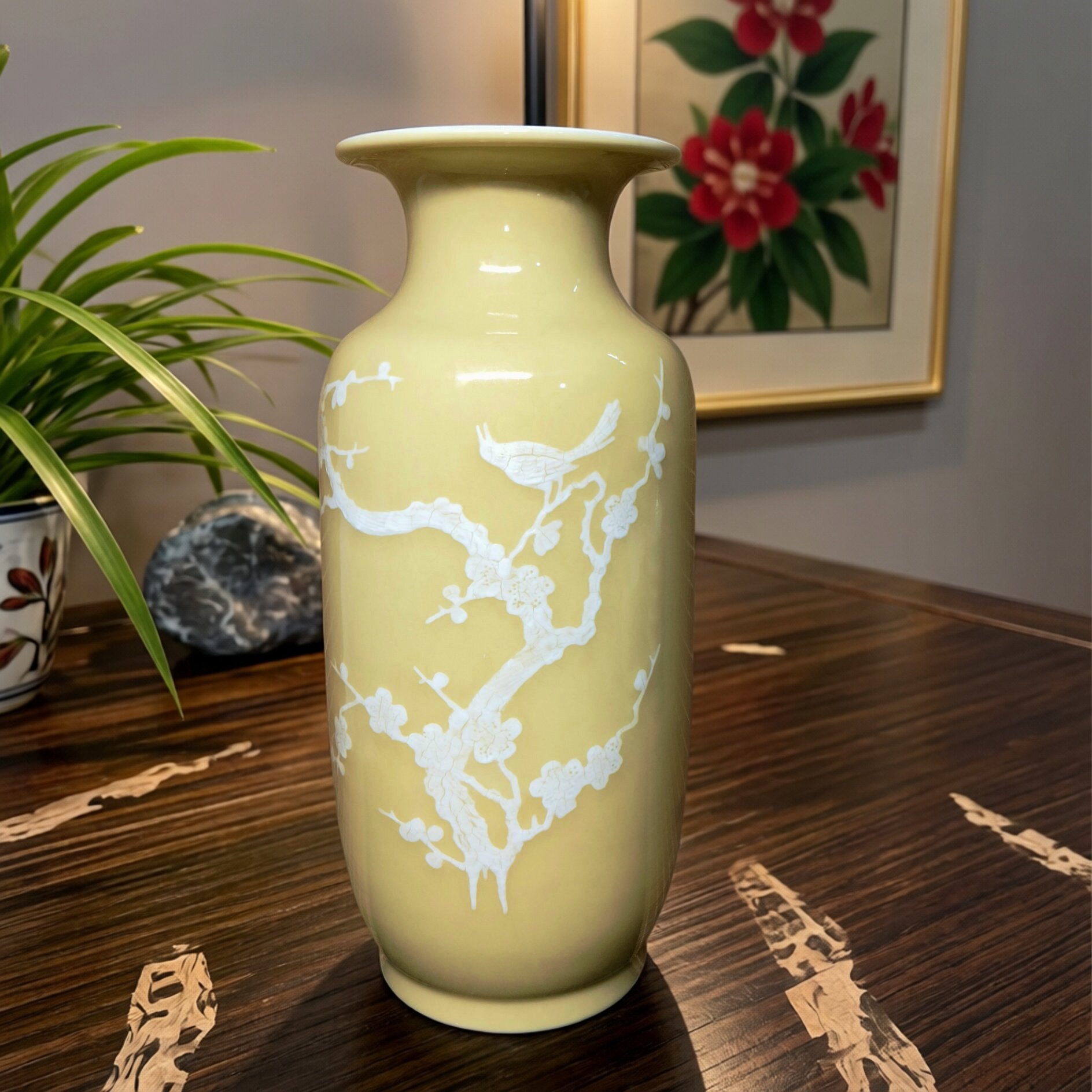 景德镇厂货瓷/建国瓷厂原矿料高温颜色釉黄釉堆花喜上眉梢冬瓜瓶