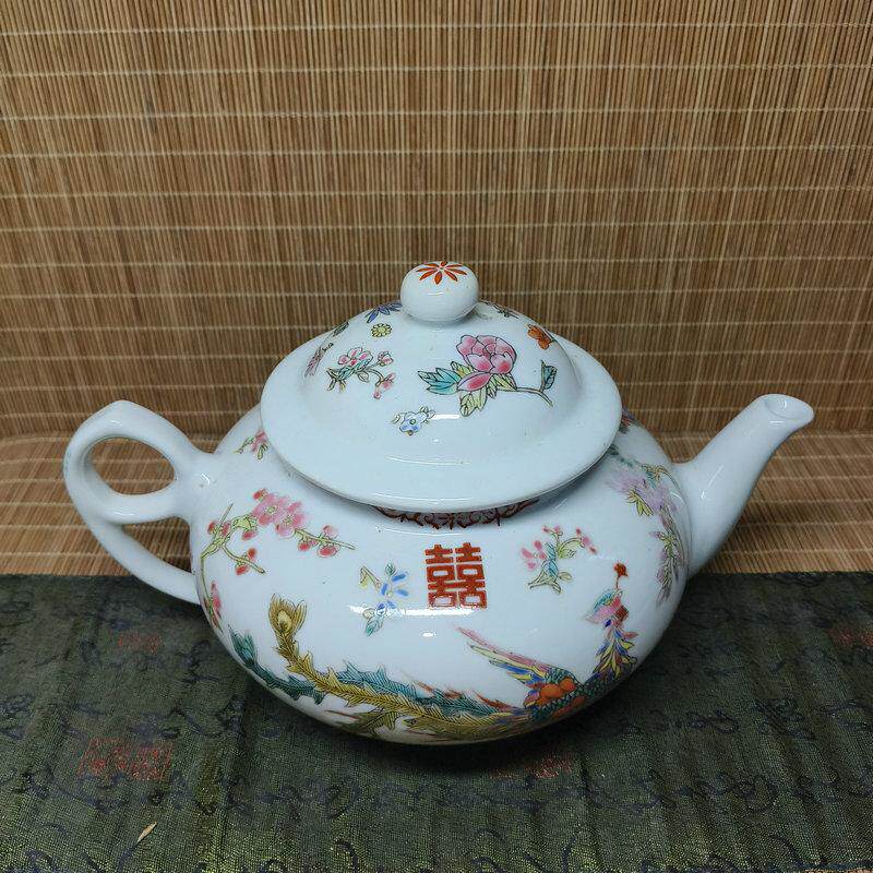 包老/景德镇567老厂瓷/原矿彩手绘粉彩白地龙凤双喜大茶壶/咖啡壶