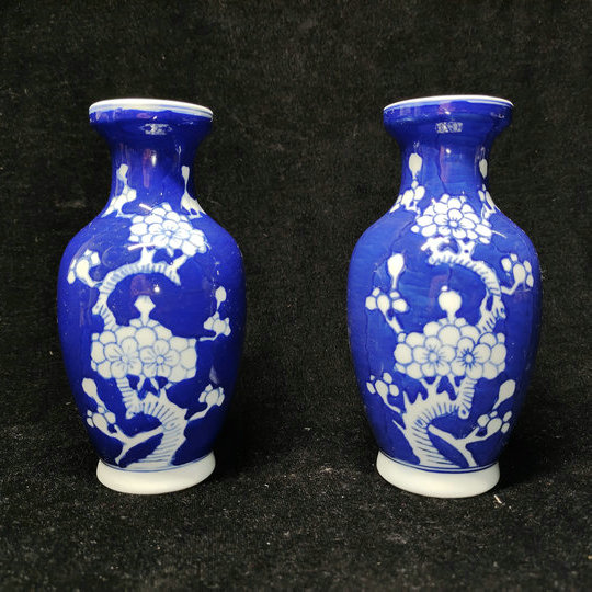 包老景德镇567老厂瓷/建国瓷厂老矿料柴窑手绘青花冰梅小花瓶一对