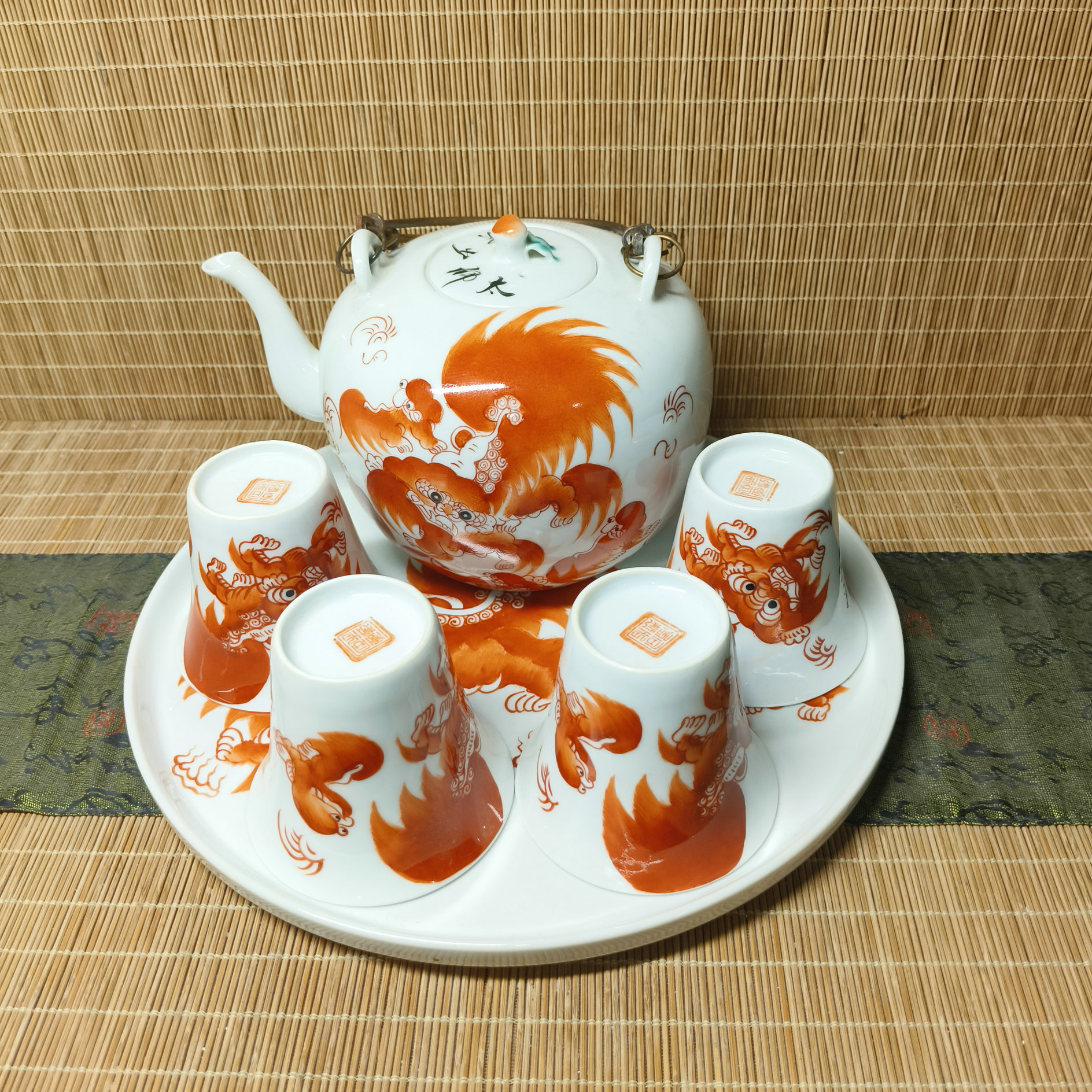 景德镇厂货瓷器/手绘矾红太师少保6头茶具/怀旧装饰收藏老瓷器