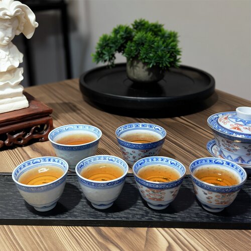 青花玲珑品茗杯老厂瓷光明瓷厂