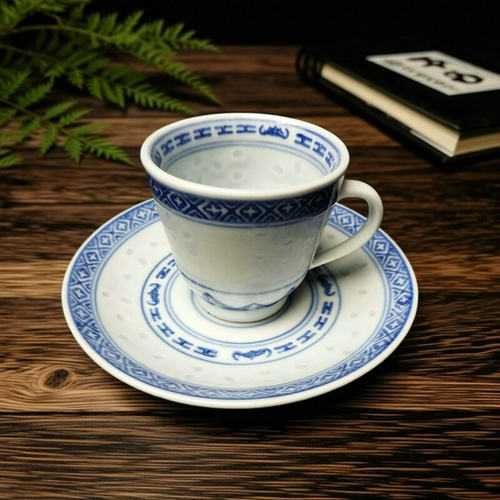 青花玲珑小咖啡杯复古带把品茗杯