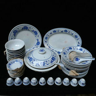 老餐具 不烫手高温釉下彩青花芙蓉54头中式 包老 景德镇567老厂瓷