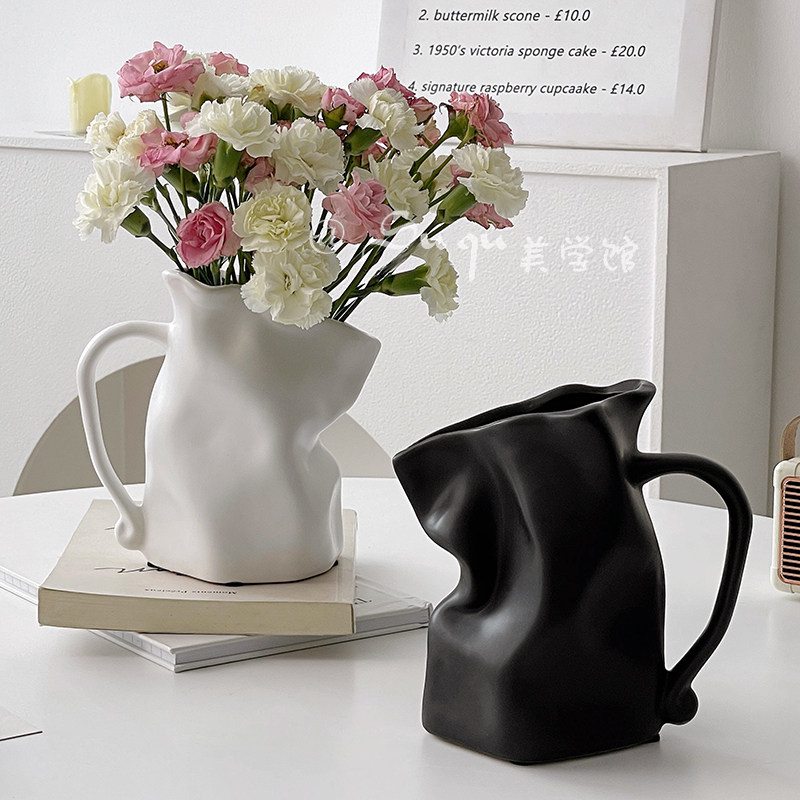 创意褶皱手提小陶瓷花瓶水养鲜花客厅干花插花摆件软装饰品高级感,鲜花速递/花卉仿真/绿植园艺,花瓶,淘宝优惠券,粉丝福利购,淘宝优惠卷