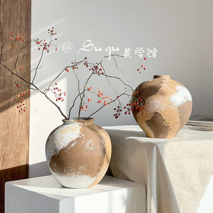 法式复古陶瓷插花瓶水养山归来田园瓦罐粗陶摆件美式中古陶罐做旧