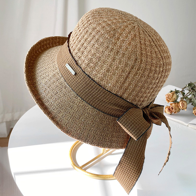 2024高品质赫本卷边遮阳帽子蝴蝶结百搭编织渔夫帽防紫外线春夏潮