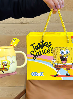 海绵宝宝派大星联名款卡通杯子高颜值情侣陶瓷马克杯带盖勺水杯女