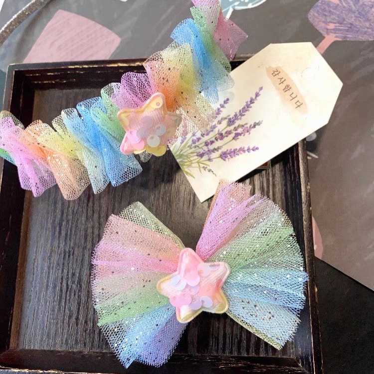 韩国进口满天星彩虹网纱手工diy饰品蝴蝶结发夹发带儿童头饰制作