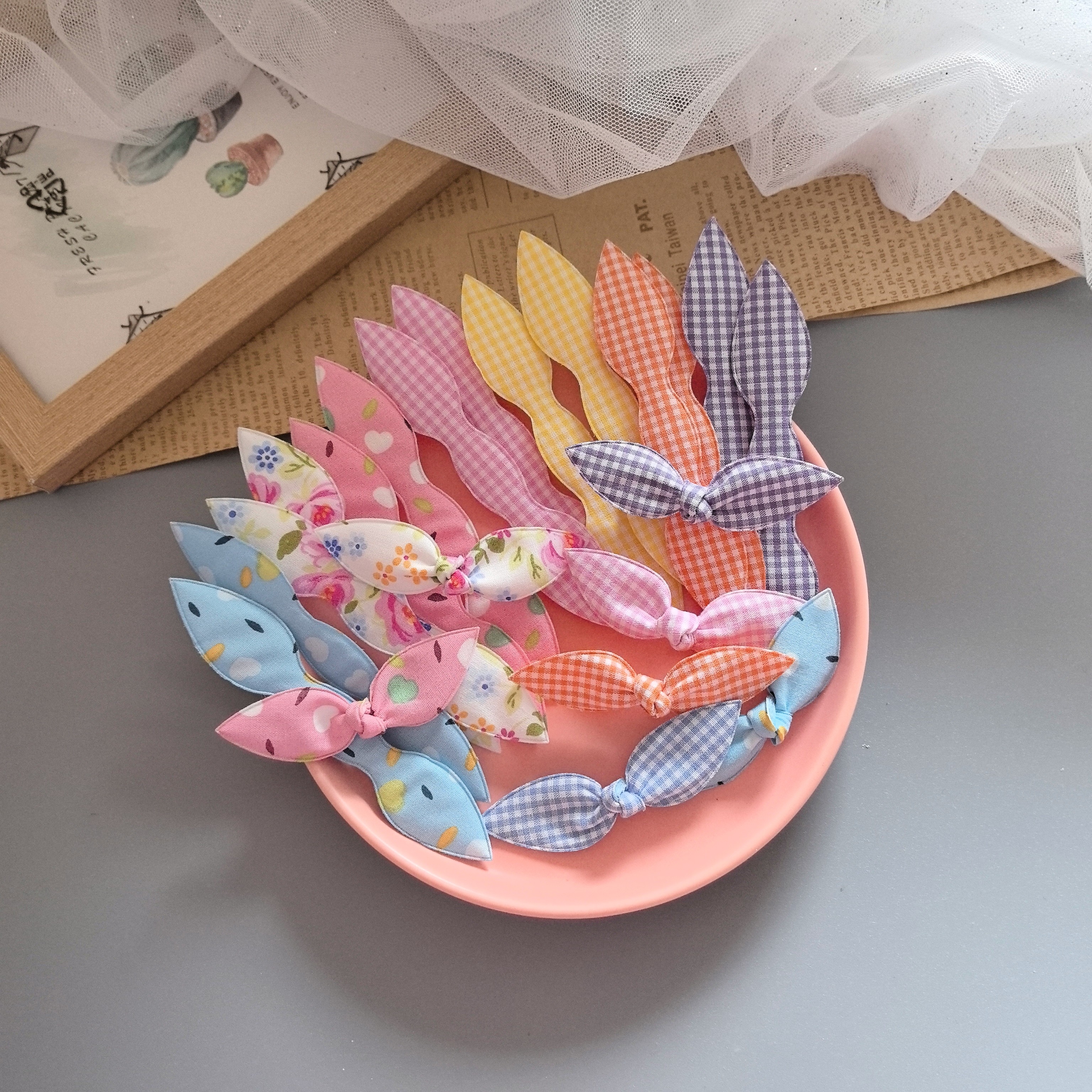 韩国进口花布小格布艺耳朵手工diy头饰品发夹宠物夹制作基础材料