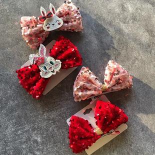 韩国进口新年红丝绒亮片丝带手工diy饰品蝴蝶结发夹节日新年装饰