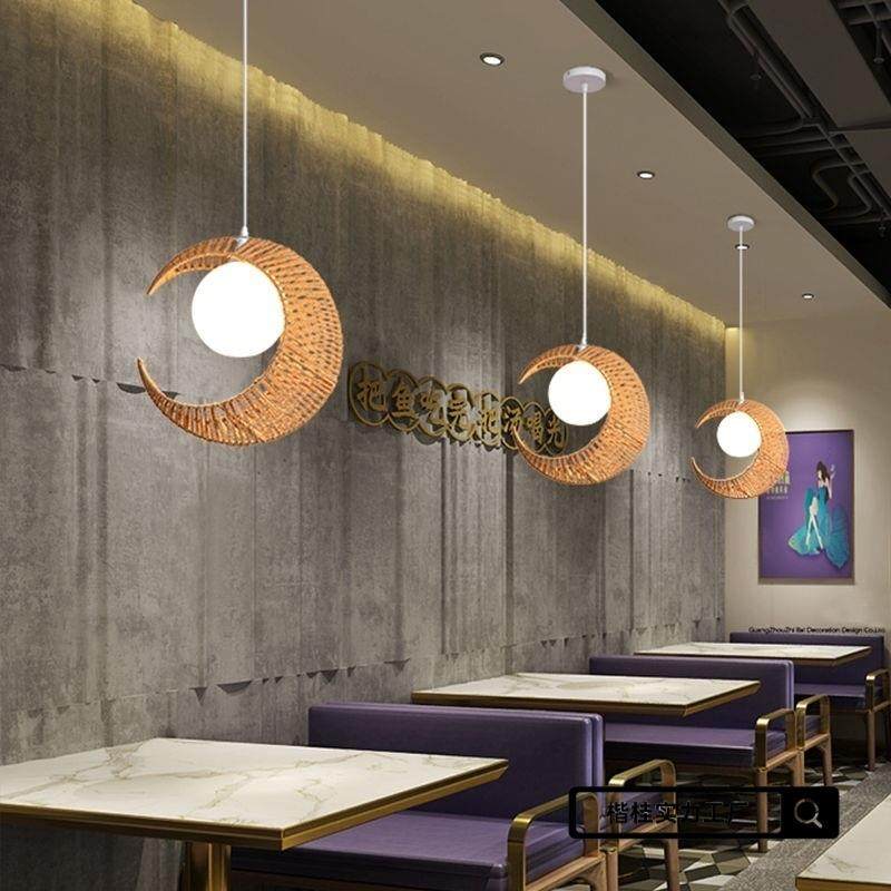 创意日式竹编藤编艺术餐厅月亮藤艺复古餐桌民宿吧台阳台吊灯灯具