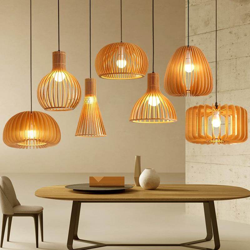 北欧网红日式原木复古餐厅灯创意卧室灯民宿茶室灯木艺南瓜吊灯具