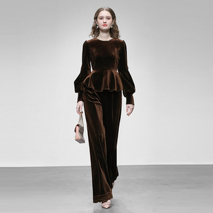 2025冬新法式气质圆领刺绣荷叶摆上衣+高腰直筒长裤加厚丝绒套装