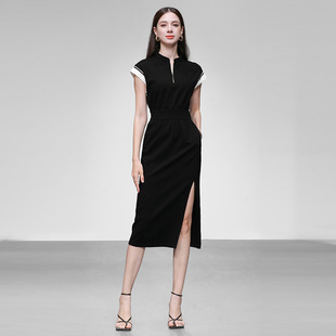 圆领撞色无袖 时尚 收腰直筒开衩针织裙黑色连衣裙 新款 2025年夏季
