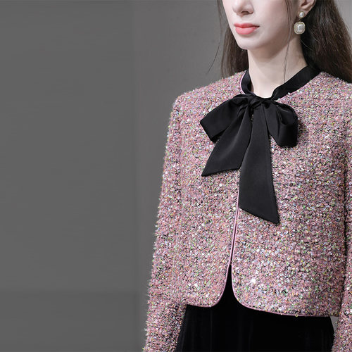 2025秋季新款小香风圆领珠片粗花呢外套系带蝴蝶结大摆丝绒连衣裙