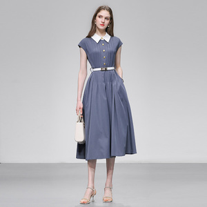 2026夏季新款气质优雅单排扣收折设计灰蓝色收腰大摆连衣裙女