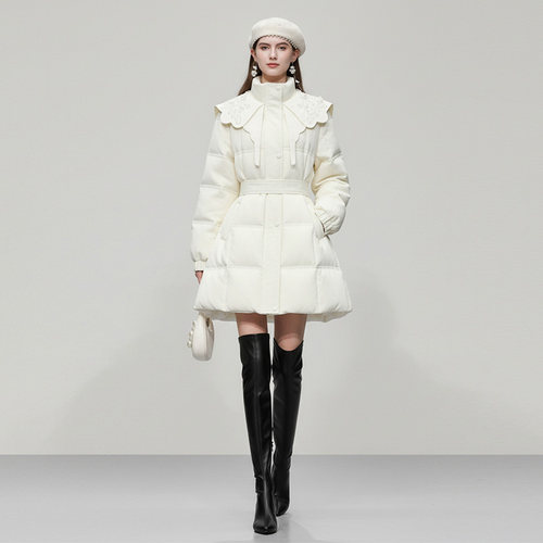 2025冬季新款气质减龄千金风立领蕾丝翻领可内收腰小香羽绒服外套