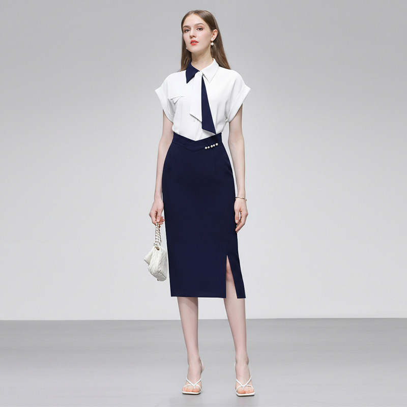 2026夏季新款时尚撞色领口领带设计感宽松衬衣+修身直筒半裙套装