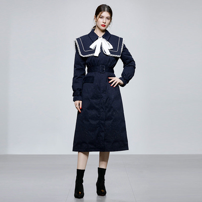 2026冬季新款欧美时尚可拆大翻领简约中长款藏青色羽绒服
