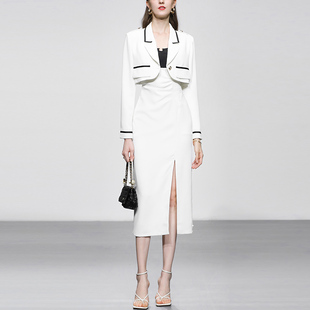 2025秋冬新款 短外套抹胸连衣裙包臀裙裙子套装 白色小西装 达菲时尚