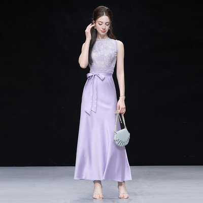 2025夏季新款气质优雅蕾丝拼接无袖收腰系带蝴蝶结设计A字连衣裙