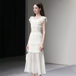 子收腰荷叶边长裙连衣裙女装 2026春季 千金风设计感袖 时尚 新款