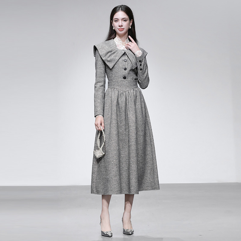 2025冬新款富家千金风翻领长袖上衣外套+高腰大摆半裙粗花呢套装