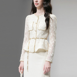 2026春季新款女装气质两件套蕾丝长袖上衣一步开衩半裙套装潮