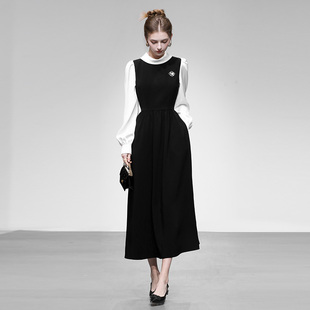 2026年春季新款法式千金风高级感撞色拼接收腰大摆A字连衣裙