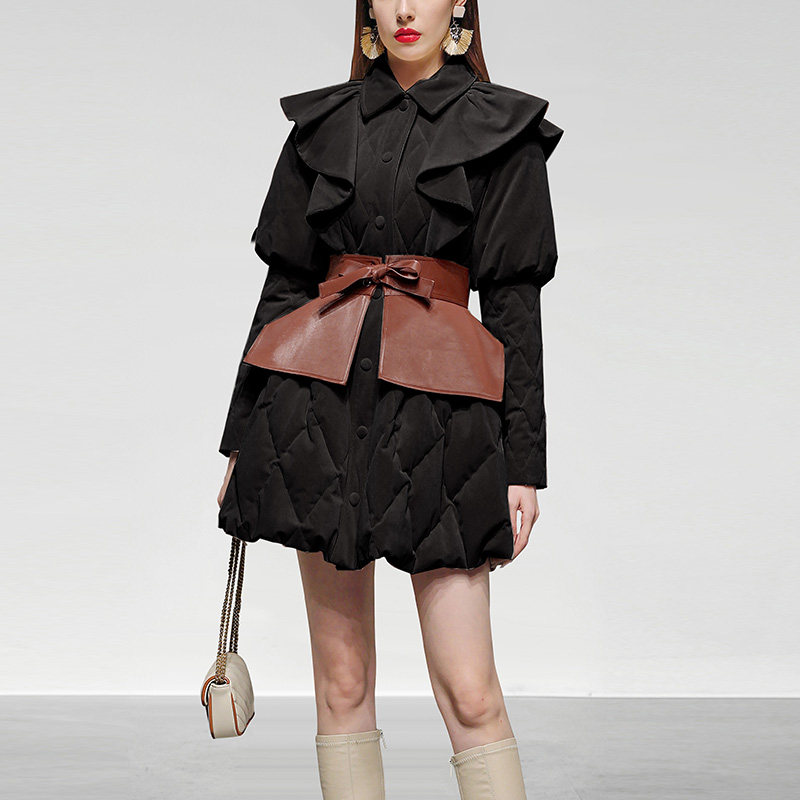 2023冬季新款女装时尚收腰丝绒羽绒服荷叶羊腿袖加厚中长款潮