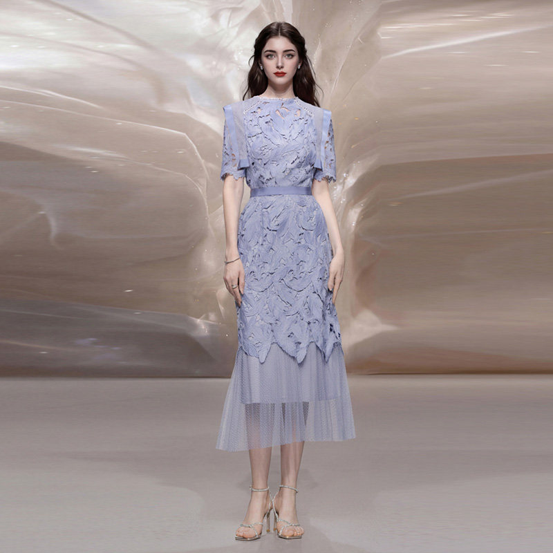 夏季女装2026新款气质两件套灰蓝色蕾丝上衣纱裙长裙裙子套装