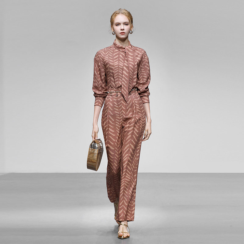 2026春季新款气质法式度假风时髦飘带衬衣+显瘦长裤亚麻印花套装