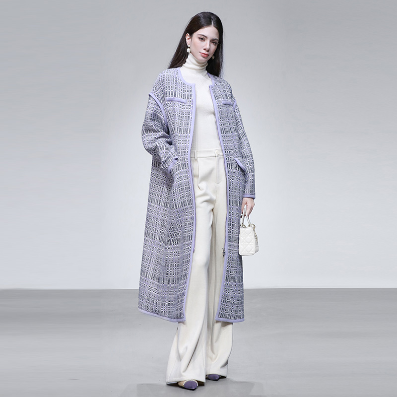 2025冬季新款富家千金风小香贴袋设计宽松长款羊毛粗花呢大衣外套