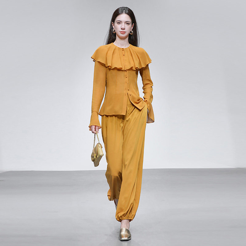 2026春季新款法式气质浪漫荷叶边喇叭袖雪纺上衣+高腰南瓜裤套装,女装/女士精品,时尚套装,淘宝优惠券,粉丝福利购,淘宝优惠卷