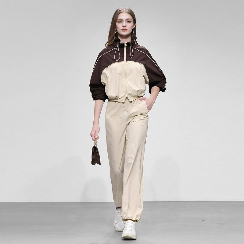 2026春新款时尚休闲设计感拼色外套+百搭阔腿裤运动风防晒衫套装