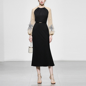 QC秋装 收腰显瘦黑色连衣裙长裙裙子 修身 女装 气质撞色灯笼袖