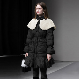 2025年冬季新款可取毛毛领灯笼袖收腰A字荷叶边羽绒服外套