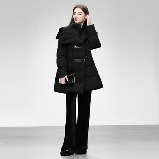 2025冬季女装时尚黑色翻领收腰中长款羽绒服白鸭绒面包服外套